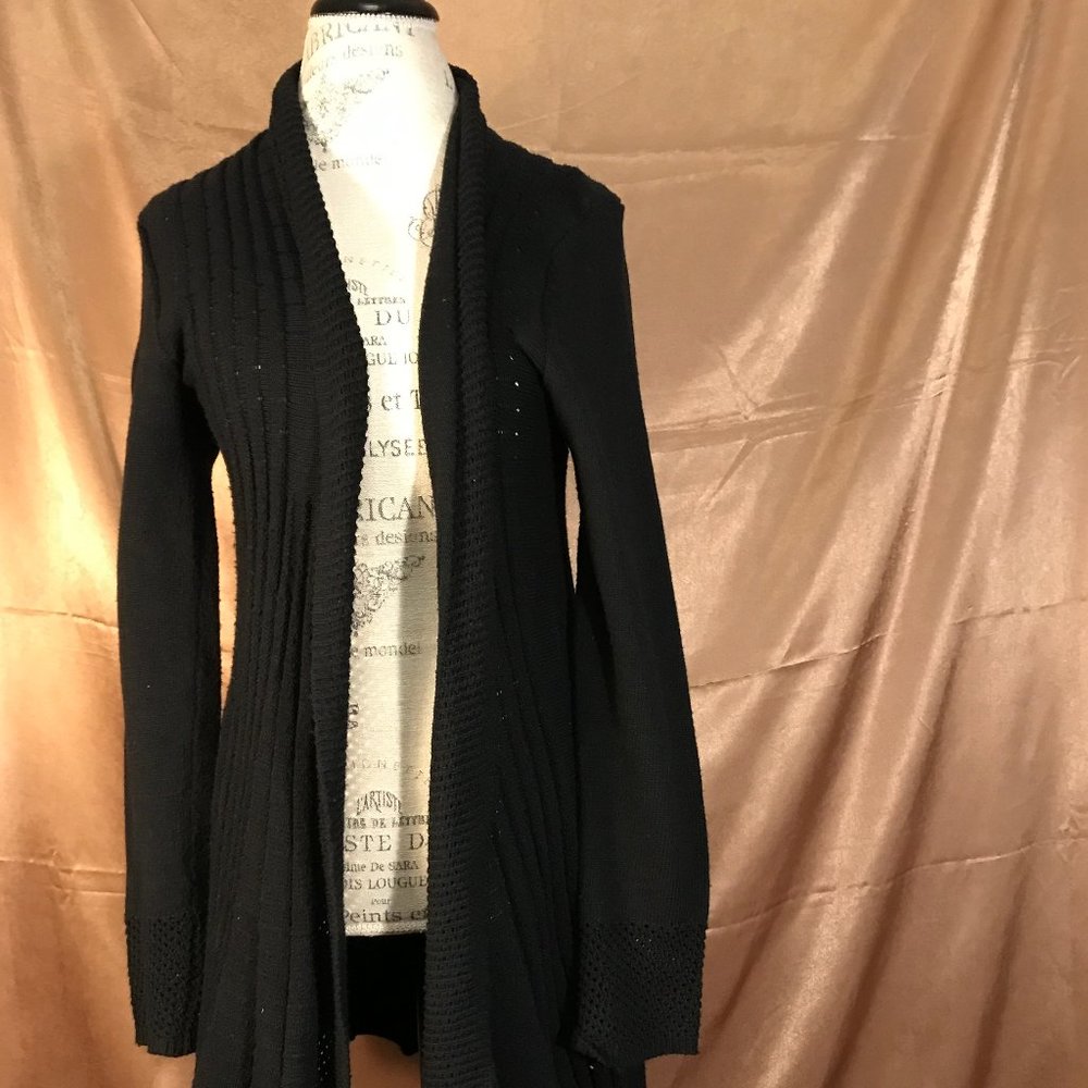 Lovely long black cardigan with flattering pleats from Mystree